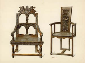 Krzesło Oak Cacqueteuse, własność Percy Macquoid; Cisowe krzesło, własność księcia Leeds (chromolitho) autorstwa Shirley Charles Llewellyn Slocombe