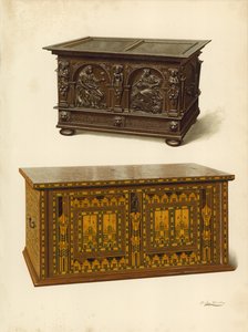 Skrzynia dębowa, własność Seymoura Lucasa; Skrzynia z dębową inkrustacją Nonesuch (chromolitho) autorstwa Shirley Charles Llewellyn Slocombe