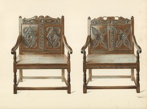 Krzesła dębowe (walijskie), własność H Clarence Waite (chromolitho) autorstwa Shirley Charles Llewellyn Slocombe