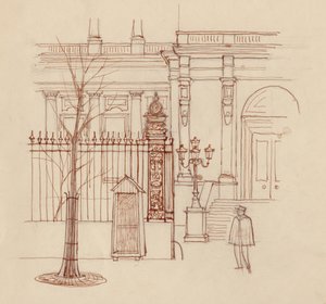 Żandarm przed budynkiem klasycystycznym, Paryż, 1951. autorstwa Shirley Markham