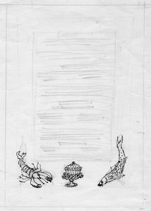 Homar, ryba i ciasto, projekt menu, ok. 1950 r. autorstwa Shirley Markham