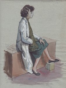 Siedząca kobieta w białym fartuchu, 1952. autorstwa Shirley Markham