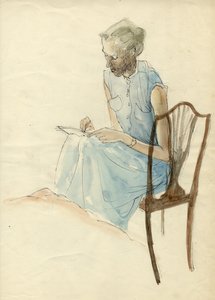 Siedząca kobieta pisząca, 1952. autorstwa Shirley Markham