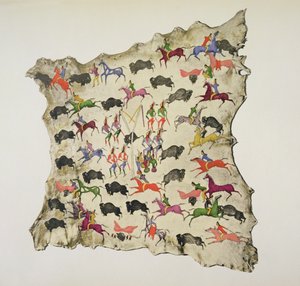 Polowanie na bawoły (pigment na skórze łosia) autorstwa Shoshone Katsikodi School