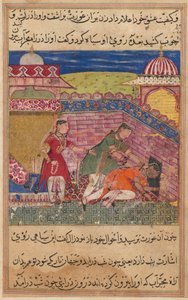 Strona z Tales of a Parrot Tuti-nama: Ósma noc: Zwodnicza żona wyrzuca..., 1558-1560. autorstwa Shravana
