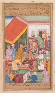 Timur rozdaje prezenty od swojego wnuka, księcia Multanu, z Zafar-nama..., 1598-1600. autorstwa Shravana