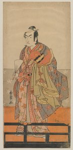 Aktor kabuki Ichikawa Monnosuke II trzymający hełm i szatę tancerza Gagaku, okres Edo, ok. 1780 (kolorowy drzeworyt) autorstwa Shunjo