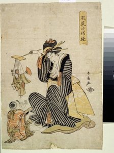 Gra lalkowa z serii Zabawa dziecięca (Zabawa marionetkowa z serii Zabawa dziecięca). Rycina Katsukawy Shunsena (Shunko II) (1762-1830). Akwaforta kolorowa, 31,2 x 21,5 cm, ok. 1806-1823. Sztuka wschodnia. Muzeum Sztuk Pięknych autorstwa Shunsen Katsukawa