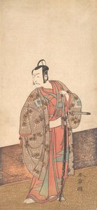 Aktor Ichikawa Danjuro V stojący w domu i przed engawą, ca. 1772. autorstwa Shunsho