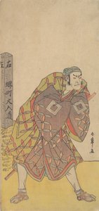 Piąty Ichikawa Danjuro jako nosiciel Kago stojący w pobliżu słupa milowego, ca. 1783-84. autorstwa Shunsho