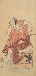 Trzeci Hiroemon Otani jako Otokodate siedzący na odwróconej wannie, 1768 lub 1769. autorstwa Shunsho
