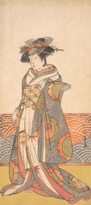 Trzecia Segawa Kikunojo jako kobieta stojąca w pokoju o wzorze fali Dado, ca. 1779. autorstwa Shunsho