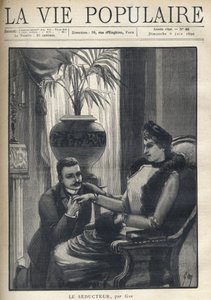 Mężczyzna na kolanach trzyma za rękę elegancką kobietę siedzącą w mieszczańskim salonie, ubraną w płaszcz, rękaw i futrzany szal. Ilustracja do Le Seducteur par Gyp (Sibylle Gabrielle Marie Antoinette Riquetti de Mirabeau, hrabina Martel d