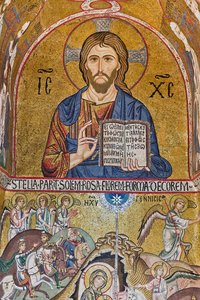 Kaplica Palatyńska (Bazylika), apsyda południowa lub "absydiola" św. Pawła, mozaiki: "Chrystus Pantokrator" i "Narodzenie", XII w.