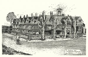 Widok ogólny, Hungerford Almshouses, Corsham (grawerowanie) autorstwa Sidney Heath