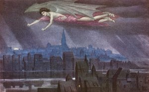 Złota legenda: Lucyfer przelatujący nad miastem (kolorowa litografia) autorstwa Sidney Meteyard