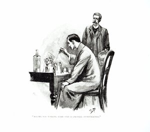 „Holmes ciężko pracował nad dochodzeniem chemicznym”, ilustracja do „Traktatu morskiego”, autorstwa Arthura Conan Doyle’a (1859-1930), opublikowana w „Strand Magazine”, październik i listopad 1893 (
