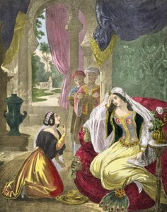 Zniewolona hebrajska służąca, która czekała na żonę Naamana, z Biblii wydrukowanej przez Edwarda Govera, lata 70-te XIX wieku autorstwa Siegfried Detler Bendixen