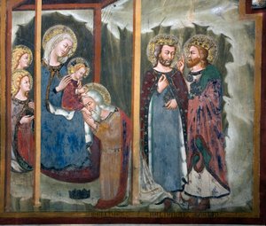 Adoracja Magi Fresco Szkoły Sieny. 14 wiek. Kaplica Matki Boskiej. Klasztor Św. Benedeta (Sacro Speco), Subiaco (Rzym), Włochy