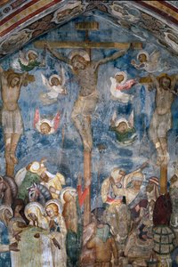 Ukrzyżowanie Chrystusa „INRI” na krzyżu. Fragment fresku szkoły w Sienie autorstwa Sienese School