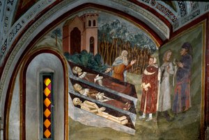 Spotkanie umarłych z żywymi Fragment fresku szkoły sieneńskiej. 14 wiek. Klasztor św Benoit (Sacro Speco), Klatka schodowa, Subiaco (Rzym), Włochy