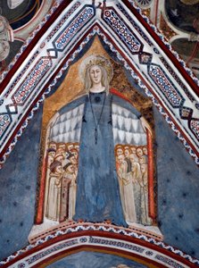 Reprezentacja Matki Boskiej Matki Kościoła Fresk kaplicy Najświętszej Marii Panny wykonany przez Szkołę Sieneńską z XIV wieku - Klasztor Św. Benedeta (Sacro Speco), Subiaco (Rzym), Włochy