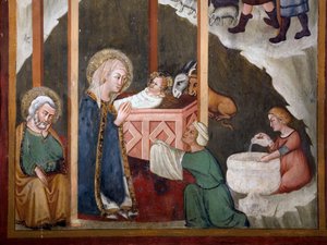 Nativite Fresco szkoły w Sienie. 14 wiek. Kaplica Najświętszej Marii Panny. Klasztor św. Benedetta