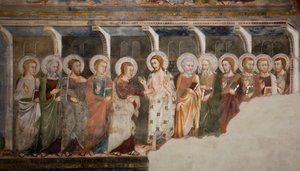 Niedowierzanie apostoła Thomasa Fresco ze szkoły sieneńskiej. 14 wiek. Kościół Superior. Klasztor św Benedeta (Sacro Speco), Subiaco (Rzym), Włochy autorstwa Sienese School