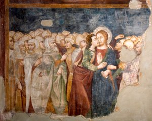 Pocałunek Judasza Fresco ze szkoły sieneńskiej. 14 wiek. Kościół Superior. Klasztor św Benedeta (Sacro Speco), Subiaco (Rzym), Włochy