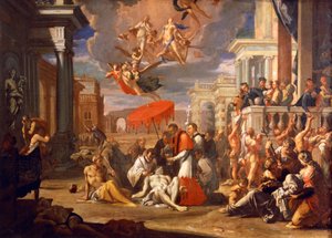 Św. Karol Boromero udzielający Komunii Świętej ofiarom zarazy w 1576 r., Zygmunt Caula (1637-1713), olej na płótnie, 97x147 cm