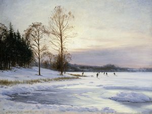 Łyżwiarze na zamarzniętym stawie autorstwa Sigvard Hansen