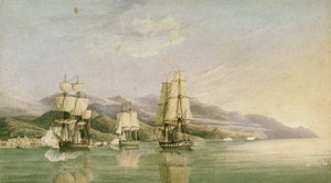 Atak na konwój osiemnastu francuskich statków handlowych w Laigrelia i Alassio, 27 czerwca 1812 r., początek XIX w. (pióro, tusz, grafit, akwarela) autorstwa Silas Thomson (attr.to) Hood