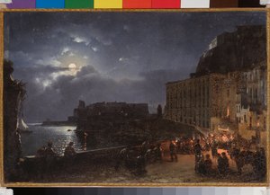 Nabrzeże Santa Lucia w Neapolu (Włochy), w noc pełni księżyca. Obraz Sylwestra Fiodosijewicza Szczedrina (Sylwestra Szczedrina) (1791-1830), olej na płótnie