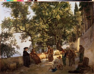Taras na brzegu, niedaleko Sorrento (Sorrento, Włochy) (rozmawiający mnisi kapucyni i mężczyzna ładujący osła małymi beczkami) - Taras na brzegu morza, Cappuccini niedaleko Sorrento - Obraz Sylwestra Fiodosijewicza Szczedrina (Sylv autorstwa Silvestr Fedosievich Shchedrin