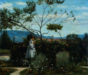 Wśród kwiatów w ogrodzie autorstwa Silvestro Lega (1826-1895).