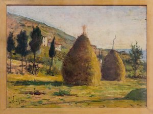 Stogi siana w słońcu, ok. 1890 (olej na pokładzie) autorstwa Silvestro Lega