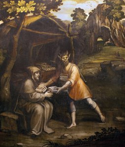 Diabeł bierze święte księgi i zastępuje je świeckimi księgami; Obraz Simao Rodriguesa (1560-1629); (Diabeł bierze święte księgi i zastępuje je świeckimi księgami; obraz autorstwa Simao Rodrigues autorstwa Simao Rodrigues