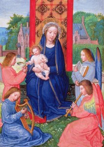 Np. 2125 f.157v Madonna z Dzieciątkiem z aniołami grającymi na instrumentach, z Godzin Joanny z Ghistelles, ok. 1516 (welum) autorstwa Simon (attr. to) Bening