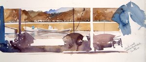 Dock Wall Amanohashidate, 2000 (akwarela) autorstwa Simon Fletcher