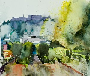 Salzburg z ogrodów Mirabell, 2008 (akwarela) autorstwa Simon Fletcher