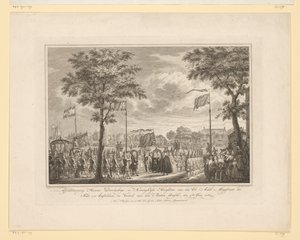 Pożegnanie Willema V i jego żony na Buiten Amstel, 1768 Pożegnanie Ich Pogodnych i Królewskich Wysokości z den Ed: Achtb: Sędzia Miasta Amsteldam i Wyjazd z den Buiten Amstel, 4 czerwca 1768 (tytuł na obiekcie) Obraz autorstwa Simon Fokke