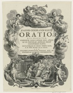 Minerva lauwert een jongeman spotkał bul Strona tytułowa dla: J.G. Slegt, Oracja, w której stwierdza się, że Nimrod jest fałszywie ojcem Niny (...), 1747 autorstwa Simon Fokke