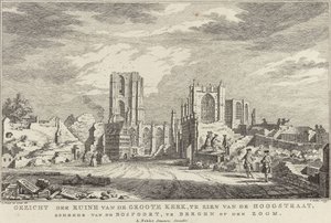 Ruiny Wielkiego Kościoła Bergen op Zoom, 1748 Widok na ruiny Groote Kerk od strony Hoogstraat od strony Bospoort, w Bergen op den Zoom (tytuł na obiekcie) Dziesięć twarzy ruin po oblężeniu i zniszczeniu Bergen op Z