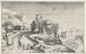 Wioska w górskim krajobrazie Różne krajobrazy (tytuł serii) Topographia variarum regionum (tytuł serii) autorstwa Simon Frisius (attributed to)