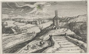 Pagórkowaty krajobraz z wiatrakiem Różne krajobrazy (tytuł serii) Topographia variarum regionum (tytuł serii) autorstwa Simon Frisius (attributed to)
