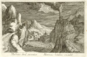 Krajobraz rzeki przy świetle księżyca Różne krajobrazy (tytuł serii) Topographia variarum regionum (tytuł serii) autorstwa Simon Frisius (attributed to)
