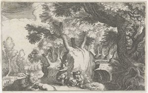 Boslandschap spotkał Hagar en Ismaël Krajobraz południowoeuropejski (tytuł serii) Topografia różnych regionów (tytuł serii) autorstwa Simon Frisius