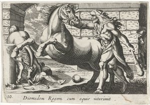 Hercules temt de paarden van Diomedes Król Diomedes z końmi (tytuł na obiekcie) Herculische tematu (tytuł serii) autorstwa Simon Frisius