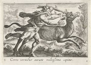 Hercules vangt de Hind van Cerynea Jeleń ze złotymi rogami zostaje złapany bardzo szybko (tytuł na obiekcie) Herculische tematu (tytuł serii)