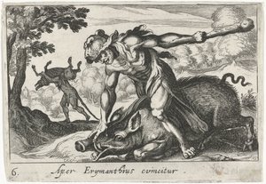 Herkules łapie świnie Erymantusa Aper Erymanthius evincitur (tytuł na obiekcie) Herkulesowe motywy (tytuł serii)
